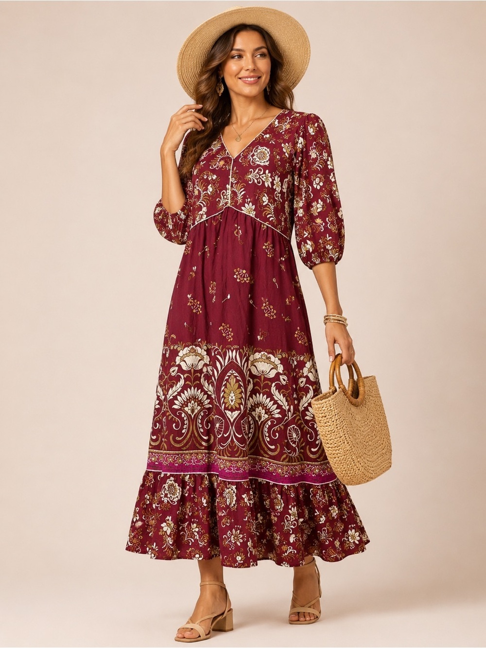 Figueroa & Flower Midi Dress Large Burgundy Floral Boho Peasant Cottage Romantic
